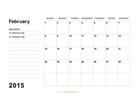 February 2015 Calendar - Blank Printable Calendar Template in PDF Word Excel