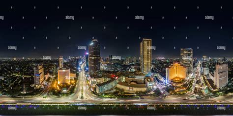 360° view of Center of JAKARTA, Hotel Indonesia Roundabout, Night sky ...