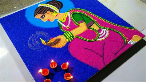 Beautiful Lady rangoli for Diwali Festival l Diwali Unique rangoli l easy Lakshmi pooja - YouTube