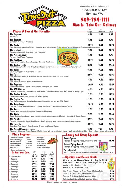 Time Out Pizza menu in Ephrata, Washington, USA