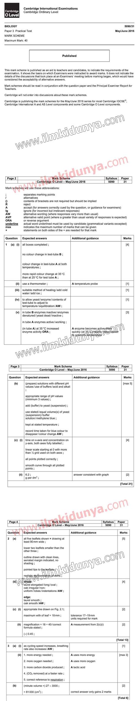 Past Paper 2016 CIE Cambridge International Examinations O Level Subject Biology