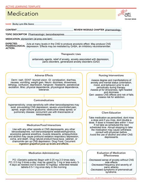 Alprazolam - Temp - Adverse Effects Contraindications Medication/Food Interactions Nursing - Studocu