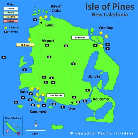 Map of Isle Pines in New Caledonia showing Hotel Locations