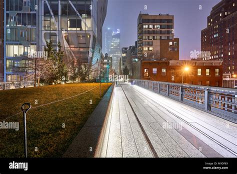 The Highline in Chelsea at night on a rainy day in winter. Manhattan, New York City Stock Photo ...