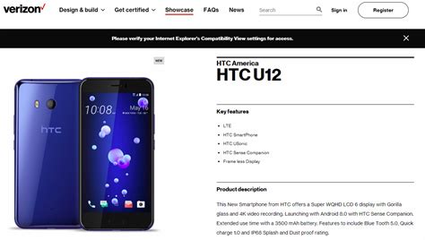 HTC U12 With 3,500mAh Battery Pops up on Verizon’s Website With Bezel ...