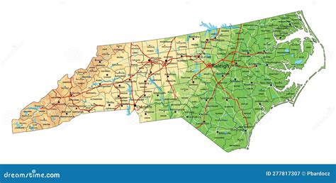 Detailed North Carolina Physical Map with Labeling. Stock Illustration - Illustration of ...