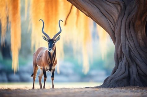 Premium AI Image | Solitary roan antelope standing under acacia tree