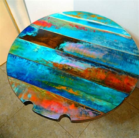 whimsical colorful round bistro table, pub table, dining table, wall art. trashstudio boho ...