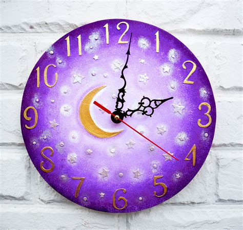 Purple Moon and Stars Modern wall clock with numbers wood | Etsy