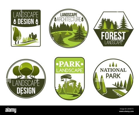 Landscape design and gardening service vector icons, forest, park and ...