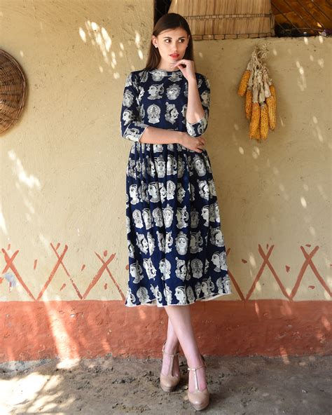 Navy blue knife pleated kalamkari dress by Desi Doree | The Secret Label