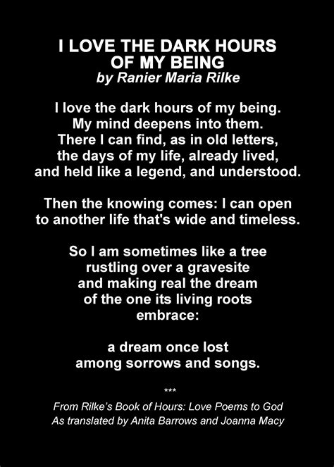 I LOVE THE DARK HOURS OF MY BEING by Ranier Maria Rilke | Rilke quotes, Quotes, Poetry quotes