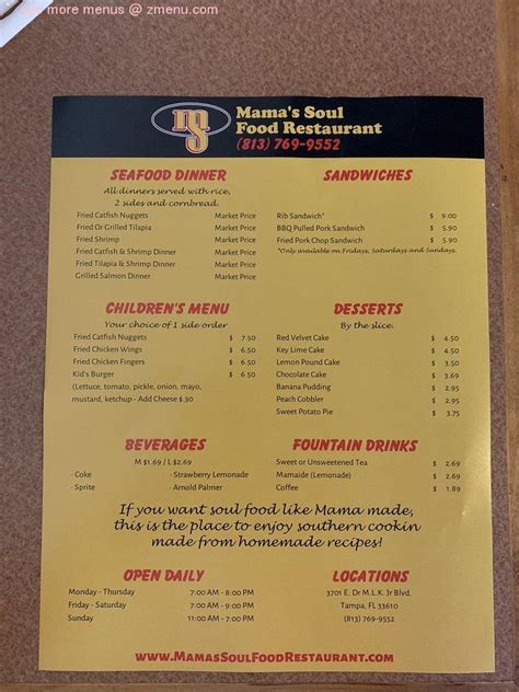 Menu at Mama's Soul Food Restaurant, Tampa