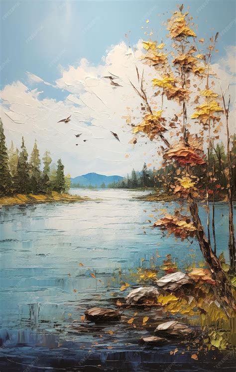 Premium AI Image | a painting of a river with a river and trees in the background