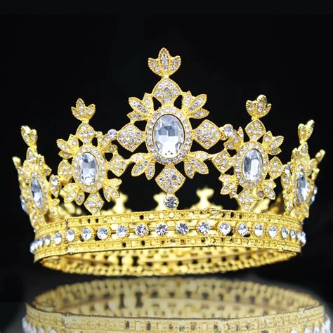 Gold Crystal Royal Bridal Tiara Crown Full Round Queen Vintage Crown Women Prom Hair Ornaments ...