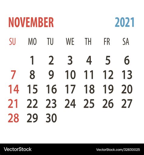 Calendar 2021 one month novrmber week start Vector Image