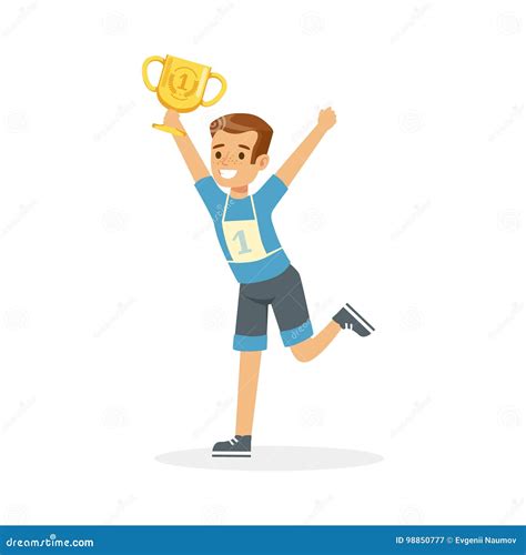 Young Happy Athletes Boy Running with Winner Cup, Kid Celebrating His Victory Cartoon Vector ...