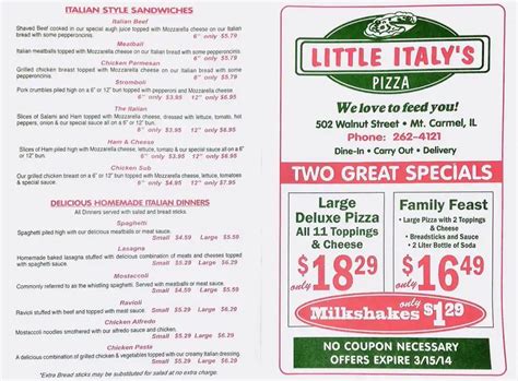 Menu at Little Italy's Pizza restaurant, Mount Carmel