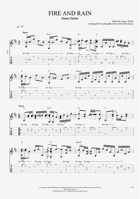 Fire and Rain by James Taylor - Intermediate Solo Guitar Guitar Pro Tab | mySongBook.com