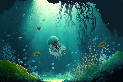 Premium Photo | A realistic underwater environment with plants and jellyfish