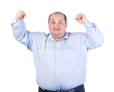 Happy Fat Man In A Blue Shirt Stock Image - Image of expressing, studio ...