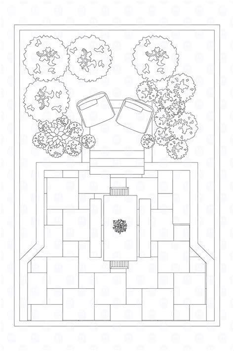 Archade | A Backyard With Furnitures, Paths, And Plants Vector Drawings