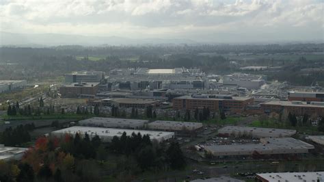 5.5K stock footage aerial video flying by the Intel Ronler Acres Campus ...