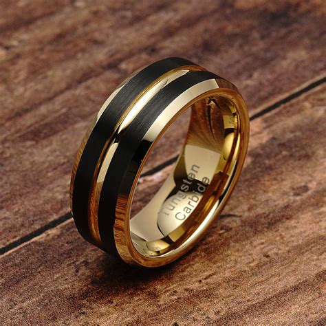 100S JEWELRY Tungsten Rings Men Wedding Bands Black Matte Gold Grooved