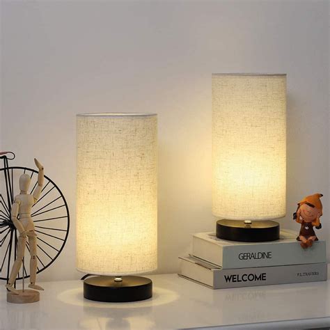 Bedside Nightstand Lamp with Fabric Lamp Shade and Metal Base - Set of ...