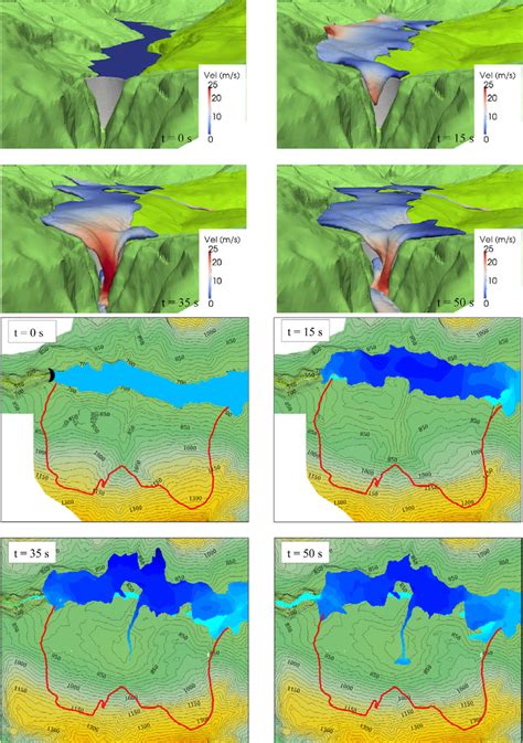 Snapshots of (a) three-dimensional numerical simulation of the tsunami ...