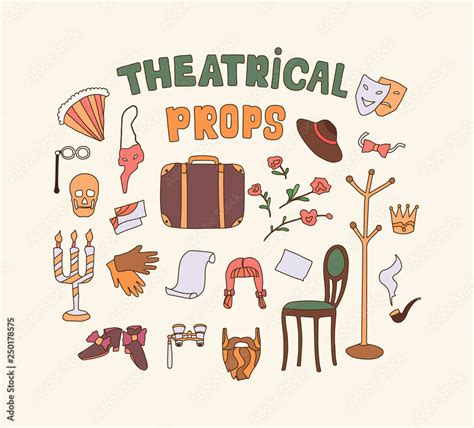 Flat vector illustration of theater props. Dramatic theater things. Color simple icon set ...