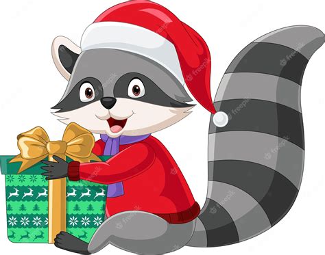 Premium Vector | Cartoon raccoon in santa claus costume holding a gift box