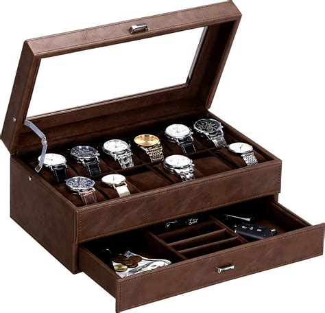 BEWISHOME Watch Box for Men Luxury Watch Organizer Faux Leather Watch Case with Jewelry Drawer ...