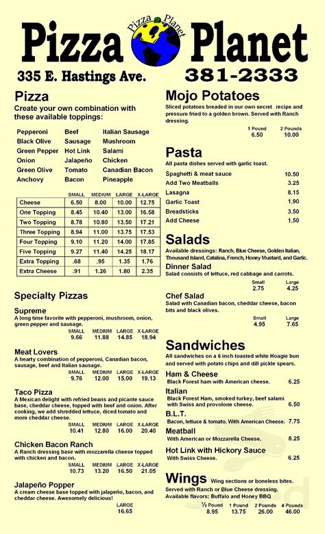 Pizza Planet menu in Amarillo, Texas, USA