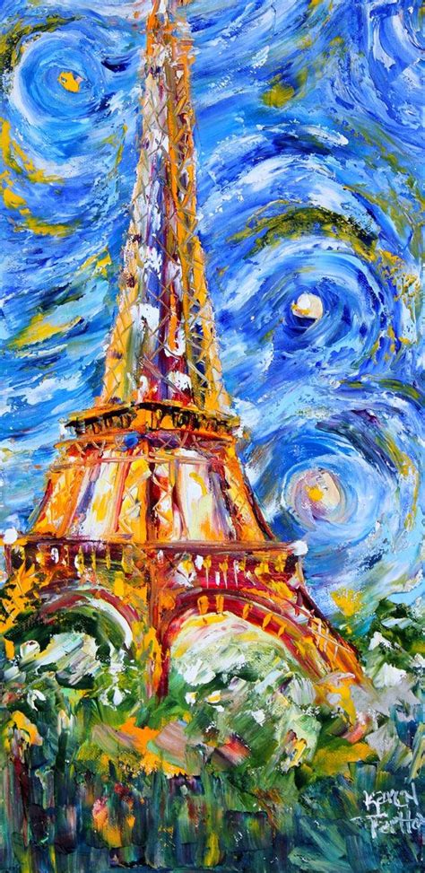 Original oil painting Eiffel Tower Starry Night PALETTE KNIFE on canvas ...