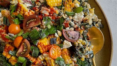 Smoky corn salad, sheet pan roasted ratatouille with socca and peach almond galette recipes ...