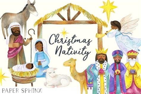 Watercolor Black Nativity Clipart Christmas Nativity Brown Skin Holiday ...