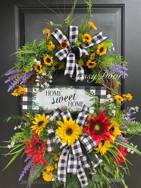 Summer Wreath, Sunflower Front Door Wreath, Home Sweet Home Wreath, Sassy Doors Wreath,