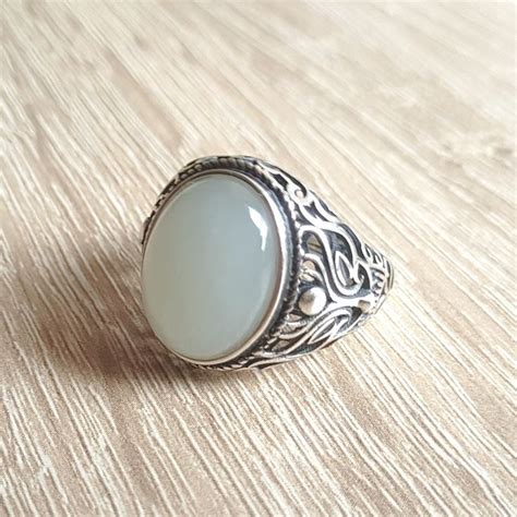 925 Sterling Silver White Jade Ring Male White Nephrite Ring | Etsy in ...