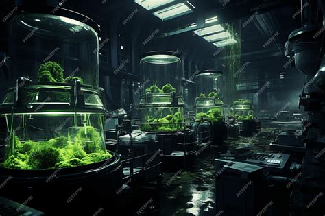 Premium AI Image | futuristic biolab with plants experiments in dark biological laboratory