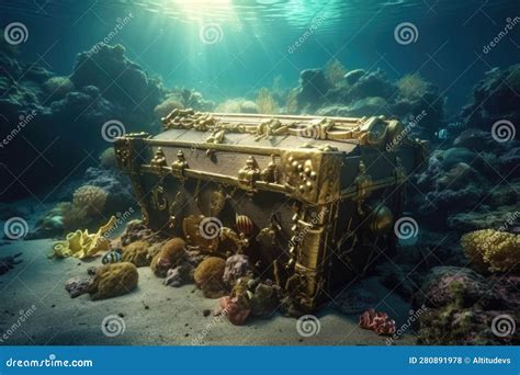 Sunken Treasure Chest, Filled with Gold and Jewels, Resting on the Ocean Floor Stock ...