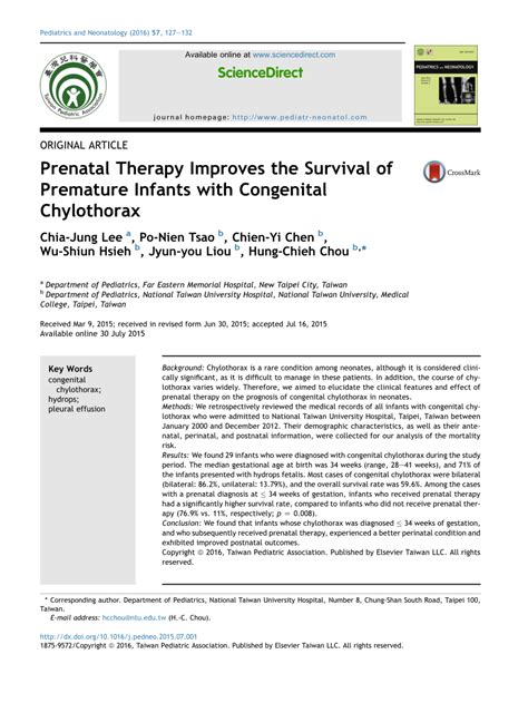 (PDF) Prenatal Therapy Improves the Survival of Premature Infants with Congenital Chylothorax