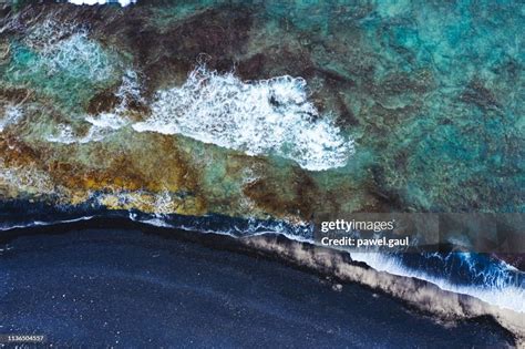 Aerial View Of Black Sand Beach Of Kiholo Bay Big Island Hawaii High ...