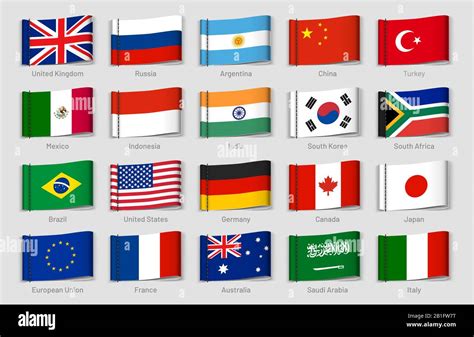 National flags fabric tags. G20 countries labels, official country flag ...