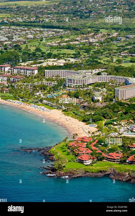 Hawaii, Maui, Wailea, Aerial of Wailea Point and Grand Wailea Resort ...