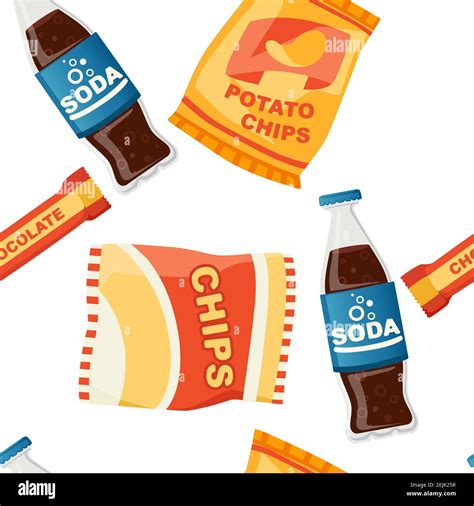 Soda potato chips and chocolate bar snack product set flat vector ...