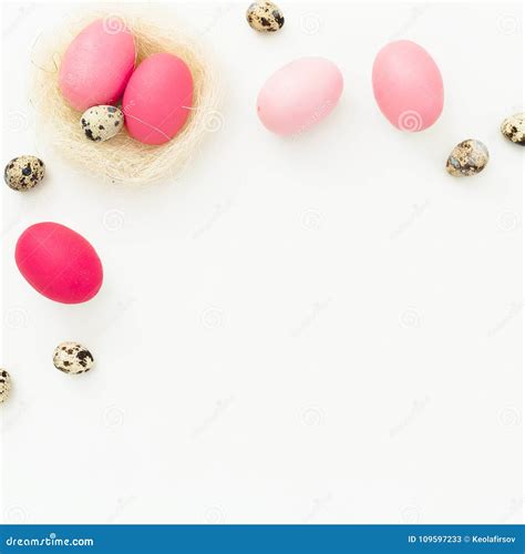 Easter Eggs And Quail Eggs In Nest On White Background, Top View, Fat Lay. Easter Holiday ...