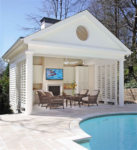 Buckhead pool and cabana with fireplace, Bahamian shutters and ...