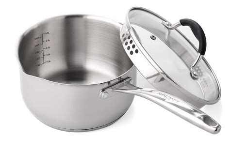 AVACRAFT Stainless Steel Saucepan with Glass Lid, Strainer Lid, Two Side Spouts for Easy Pour ...