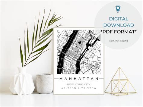 Manhattan City Map Digital Square Map NYC Neighborhood Map NYC Gifts Home Decor Minimalist Map ...